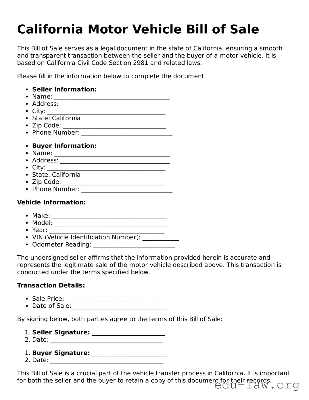 Legal  Motor Vehicle Bill of Sale Template for California