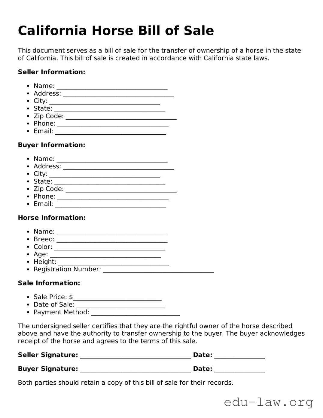 Legal  Horse Bill of Sale Template for California