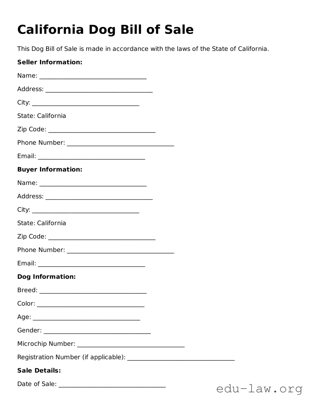 Legal  Dog Bill of Sale Template for California