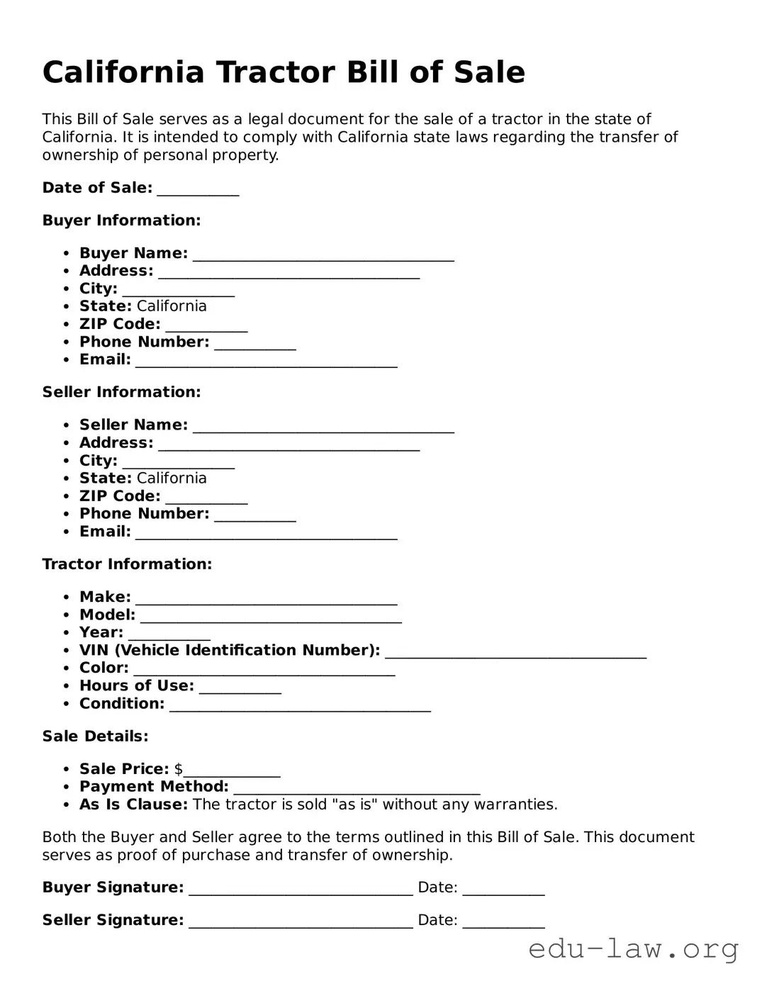 Legal  Tractor Bill of Sale Template for California