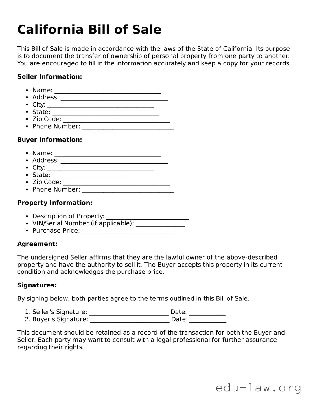 Legal  Bill of Sale Template for California