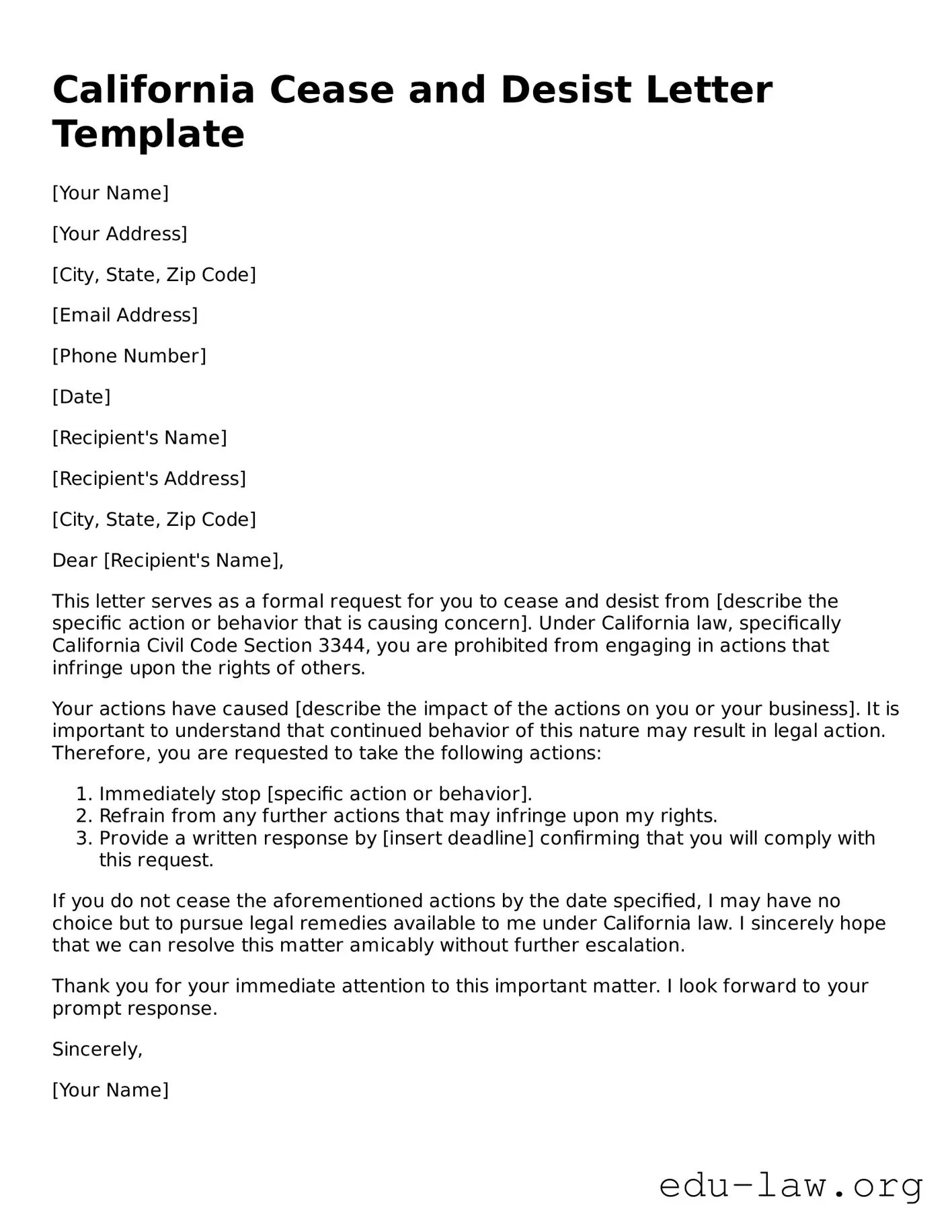 Legal  Cease and Desist Letter Template for California