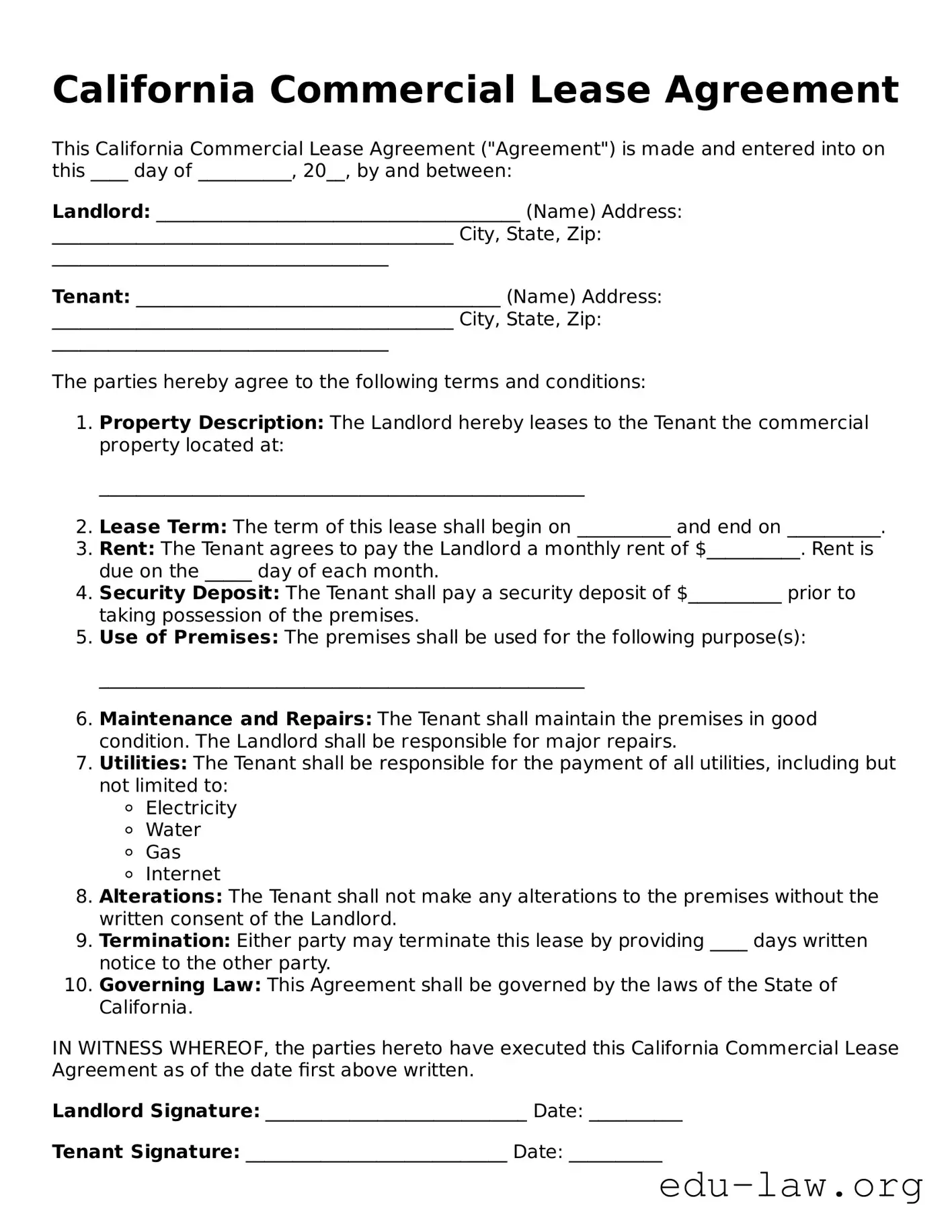 Legal  Commercial Lease Agreement Template for California