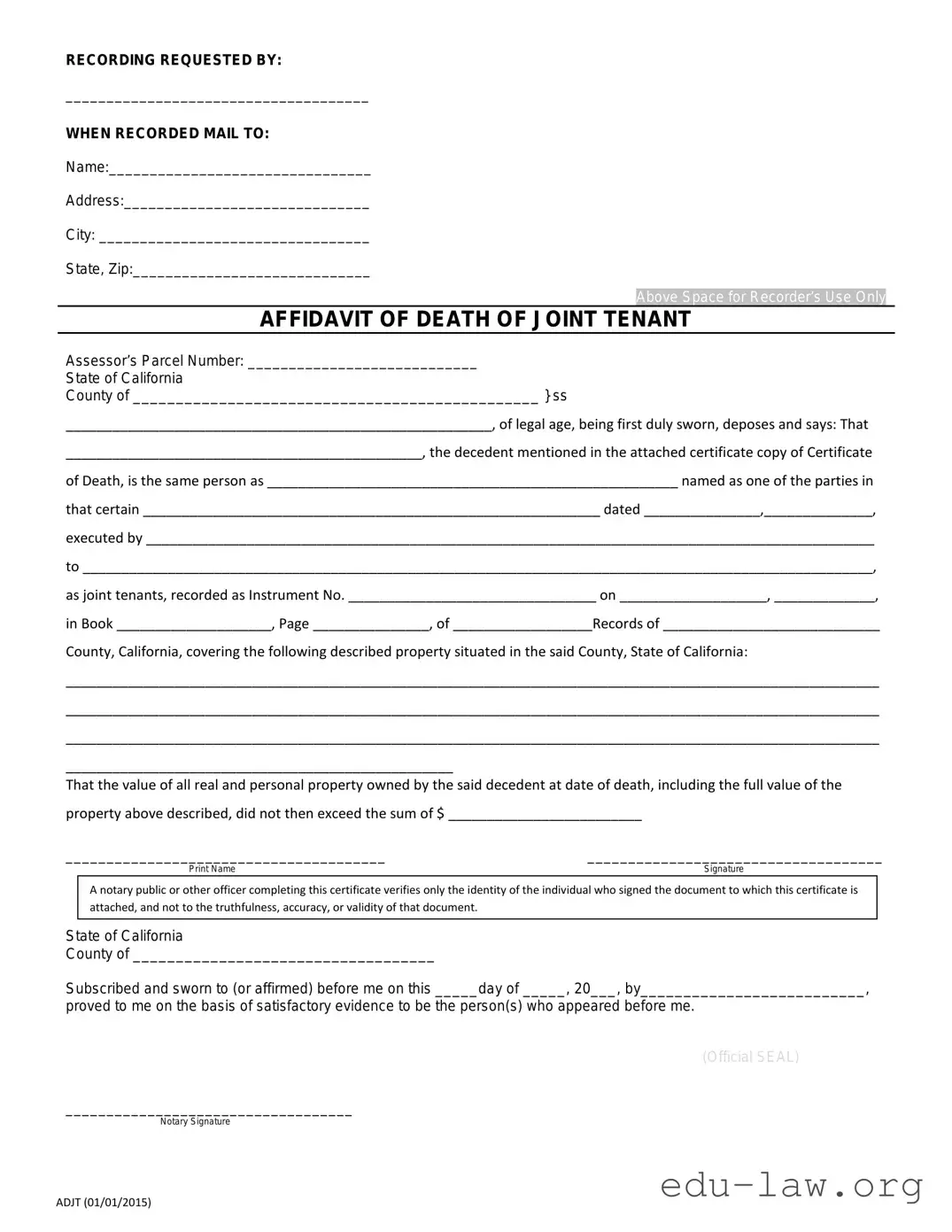 Fill in Your California Death of a Joint Tenant Affidavit Template
