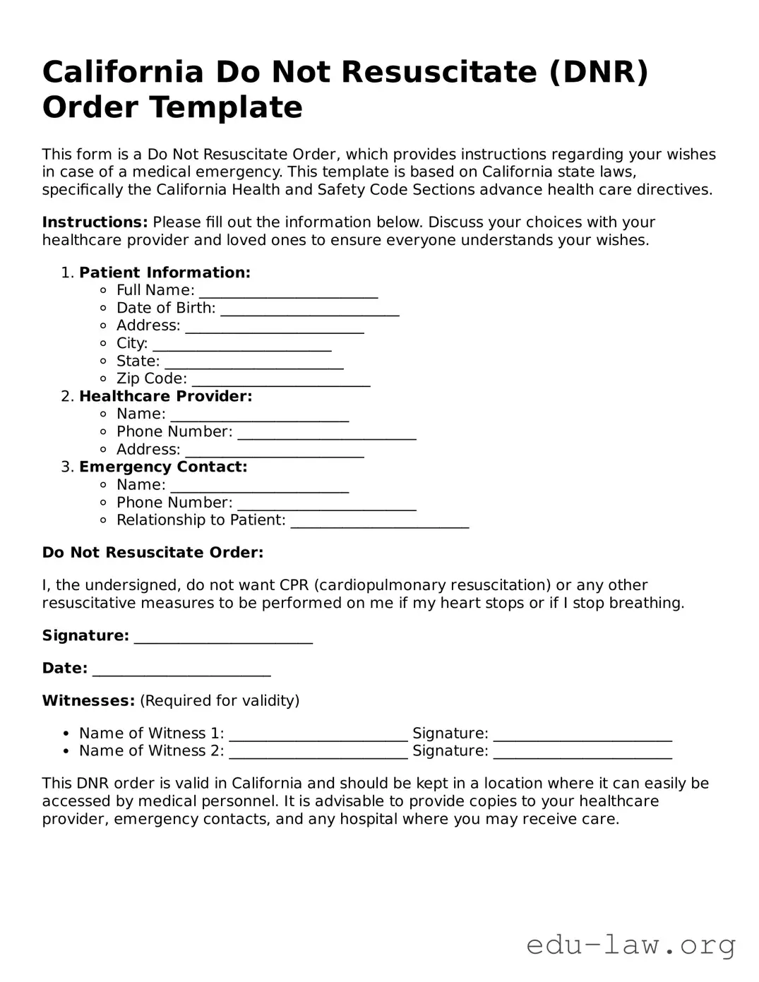 Legal  Do Not Resuscitate Order Template for California