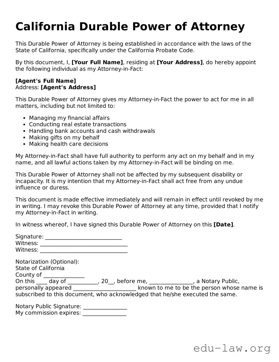 Legal  Durable Power of Attorney Template for California