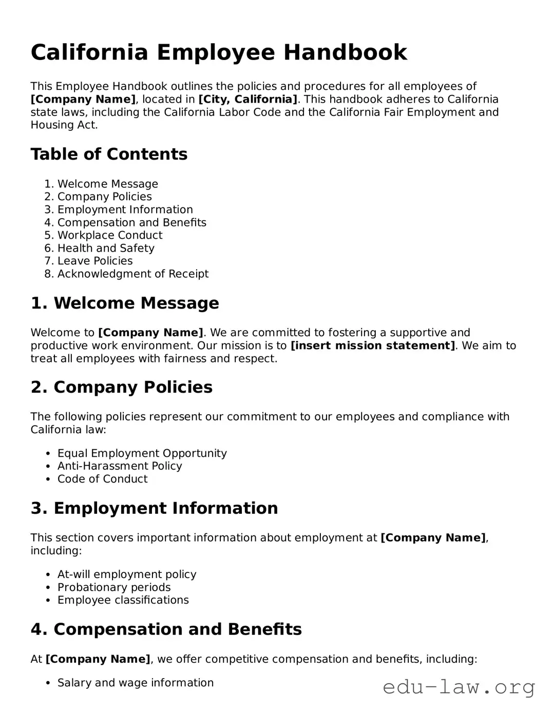 Legal  Employee Handbook Template for California