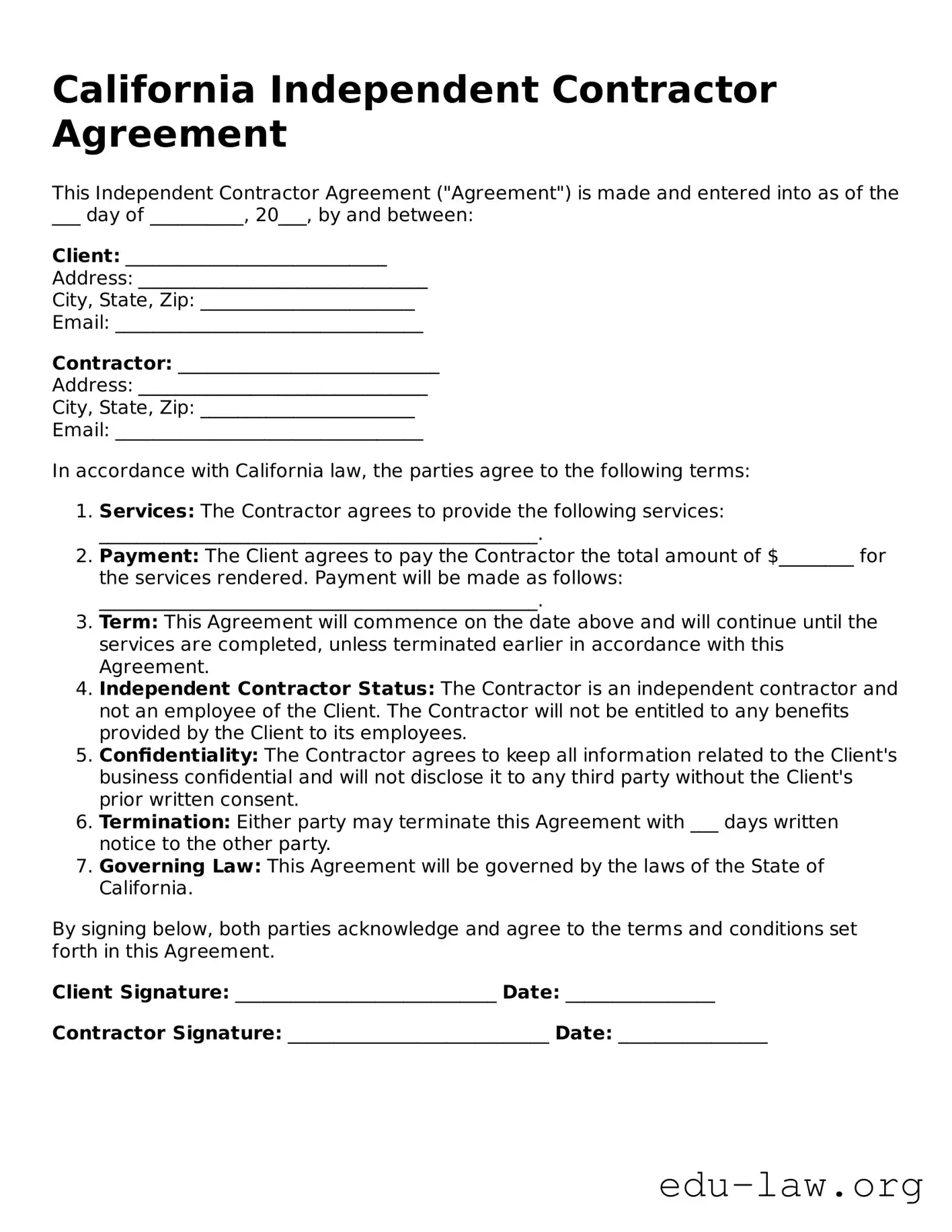 Legal  Independent Contractor Agreement Template for California