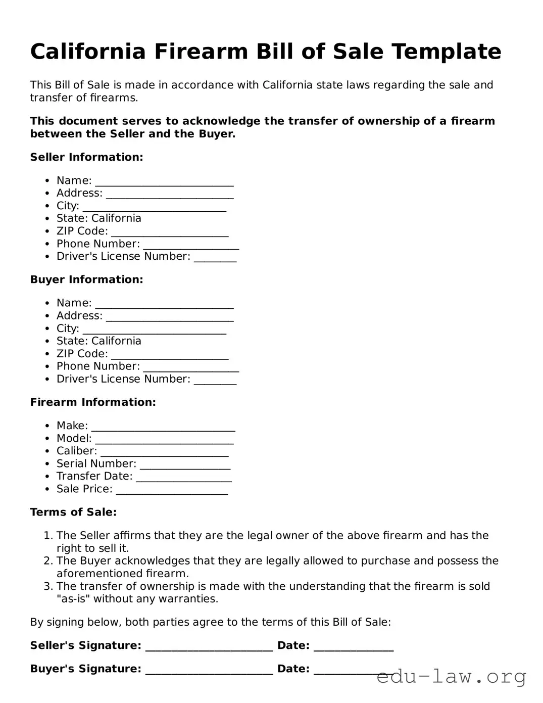 Legal  Firearm Bill of Sale Template for California