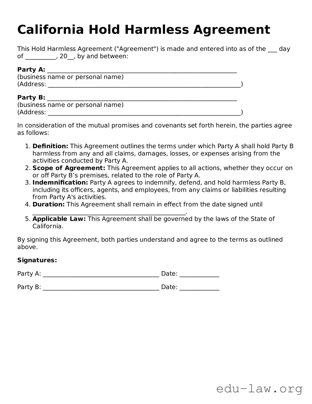 Legal  Hold Harmless Agreement Template for California