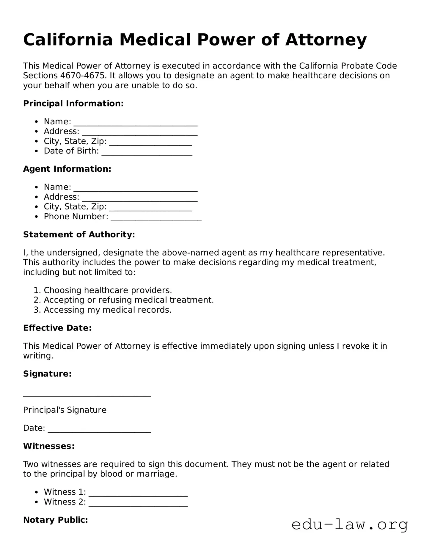 Legal  Medical Power of Attorney Template for California