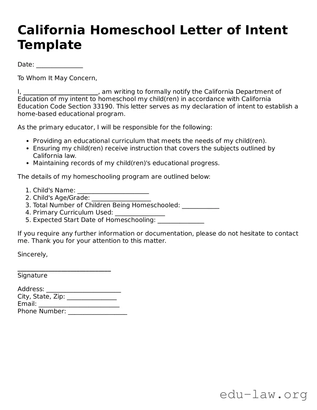 Legal  Homeschool Letter of Intent Template for California