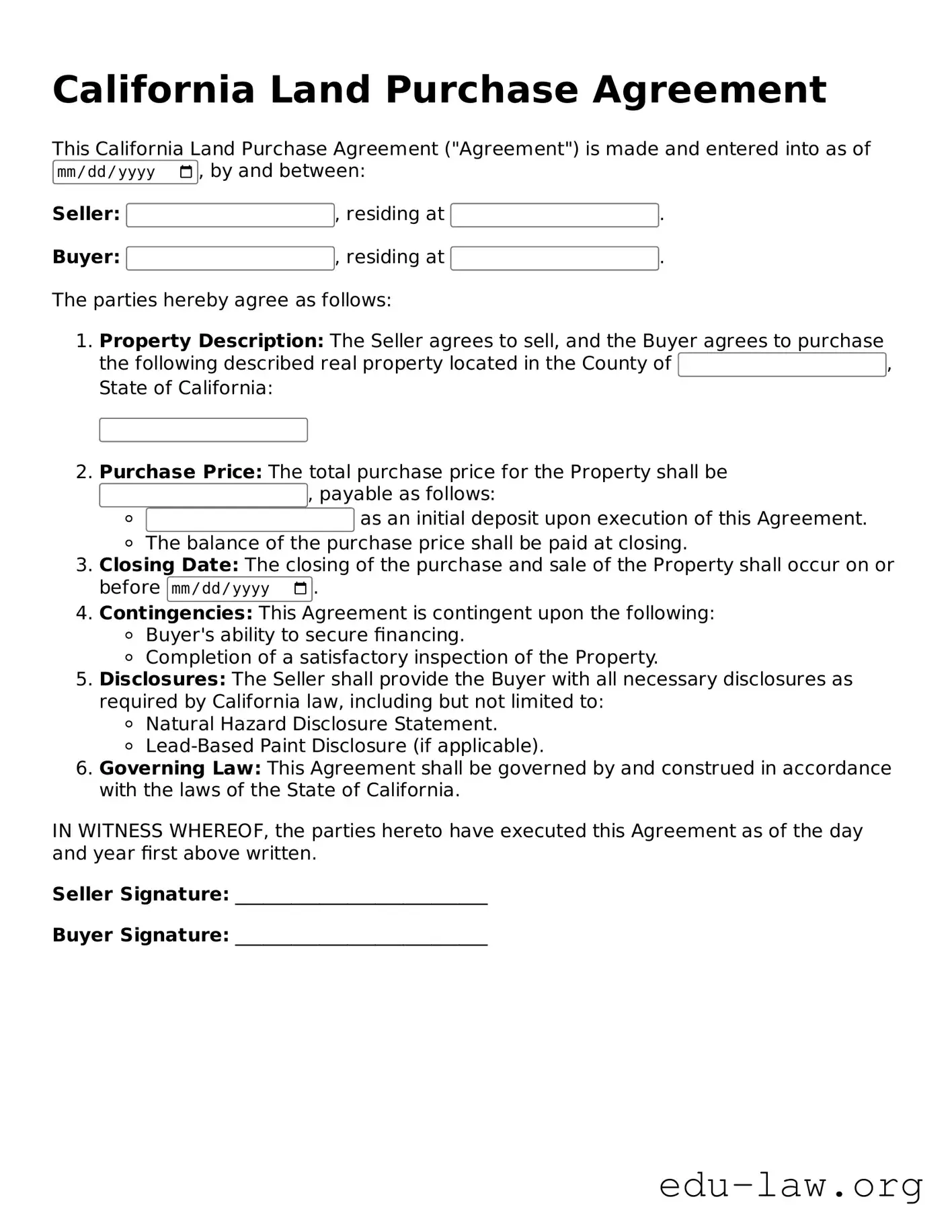 Legal  Land Purchase Agreement Template for California