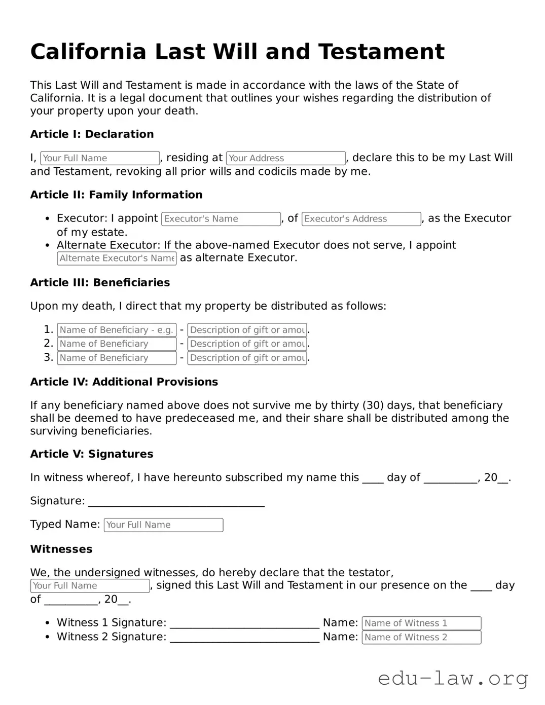 Legal  Last Will and Testament Template for California
