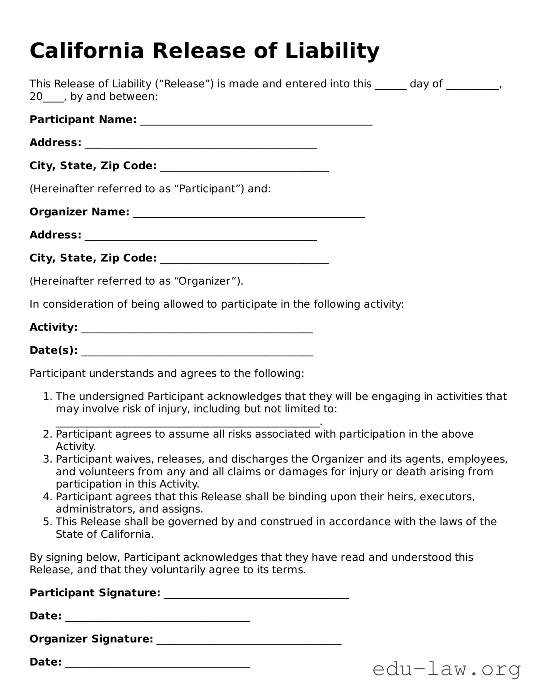 Legal  Release of Liability Template for California