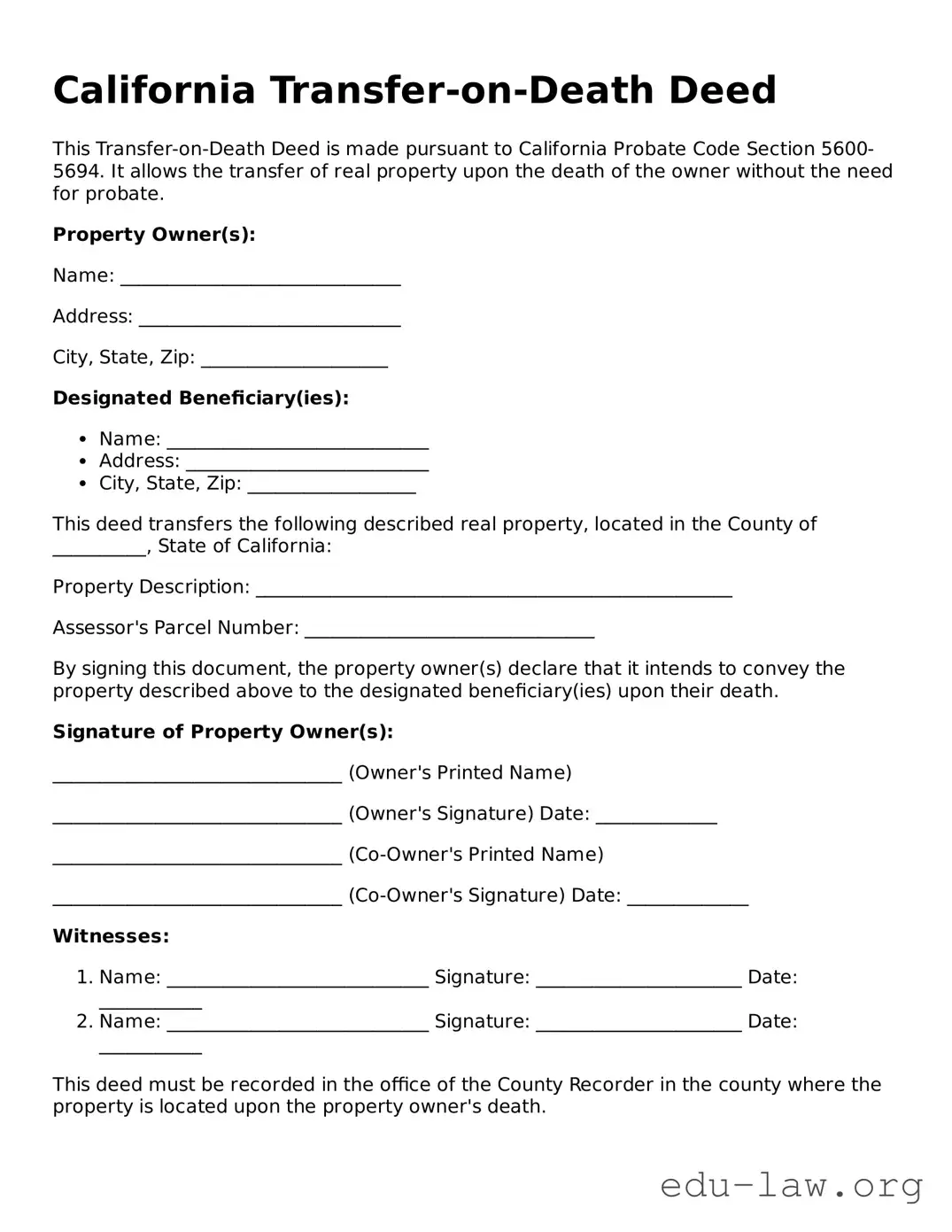 Legal  Transfer-on-Death Deed Template for California