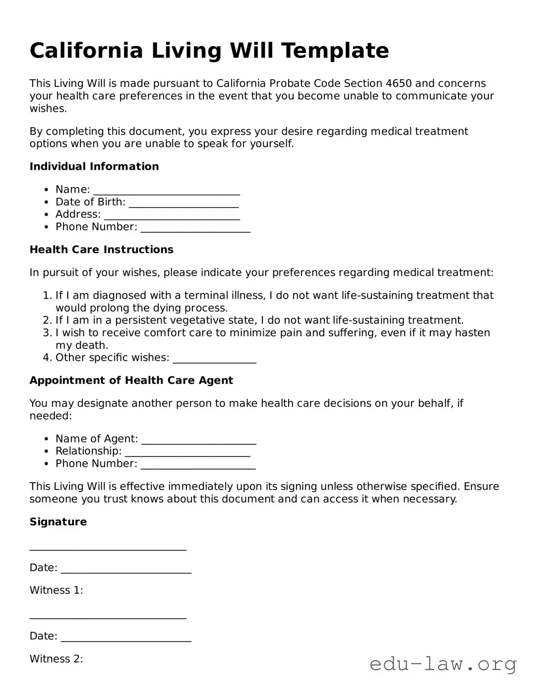 Legal  Living Will Template for California