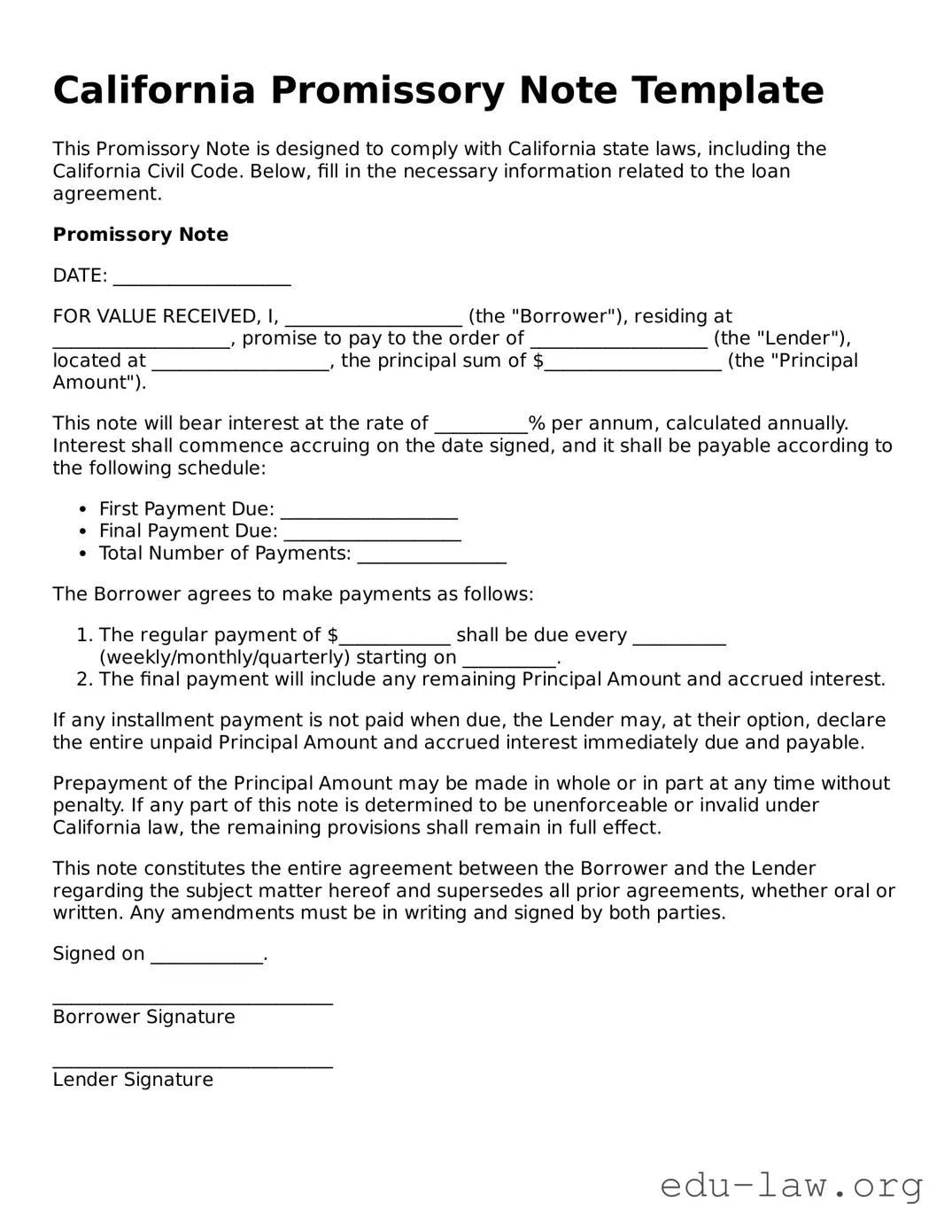 Legal  Promissory Note Template for California