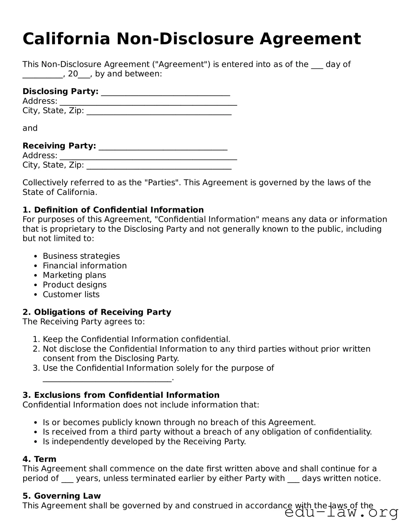 Legal  Non-disclosure Agreement Template for California