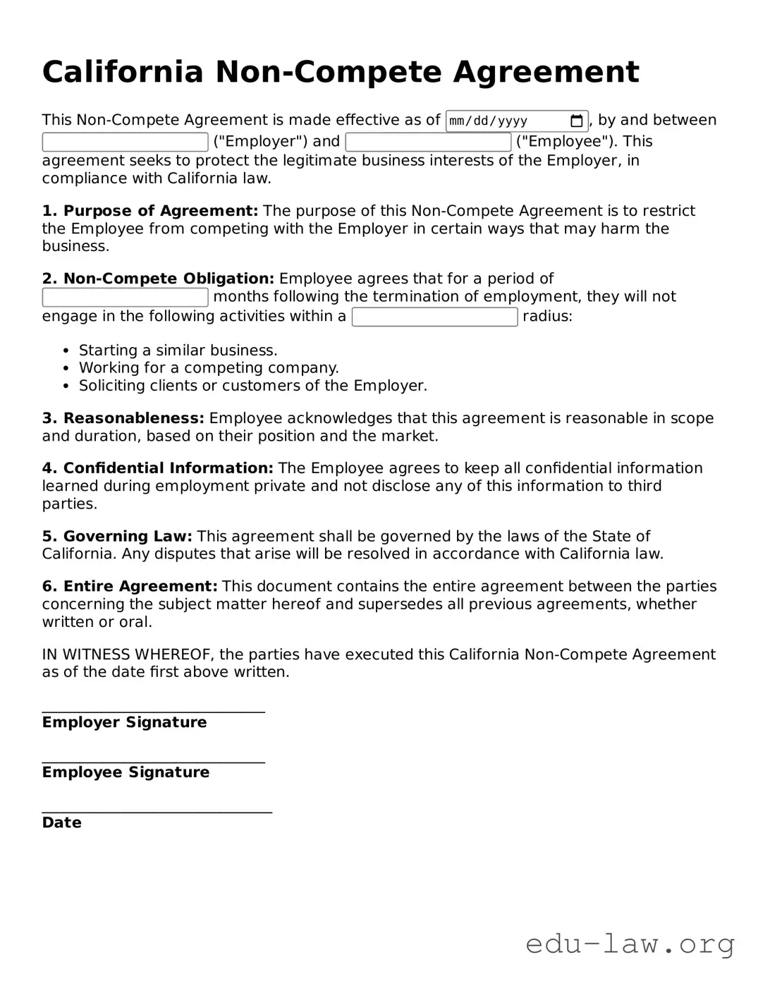 Legal  Non-compete Agreement Template for California