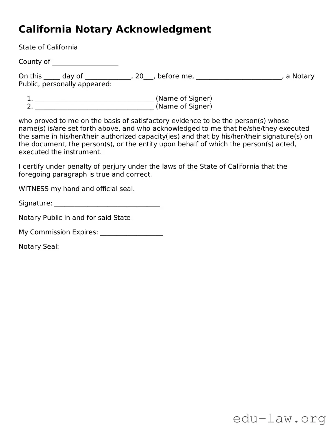 Legal  Notary Acknowledgement Template for California