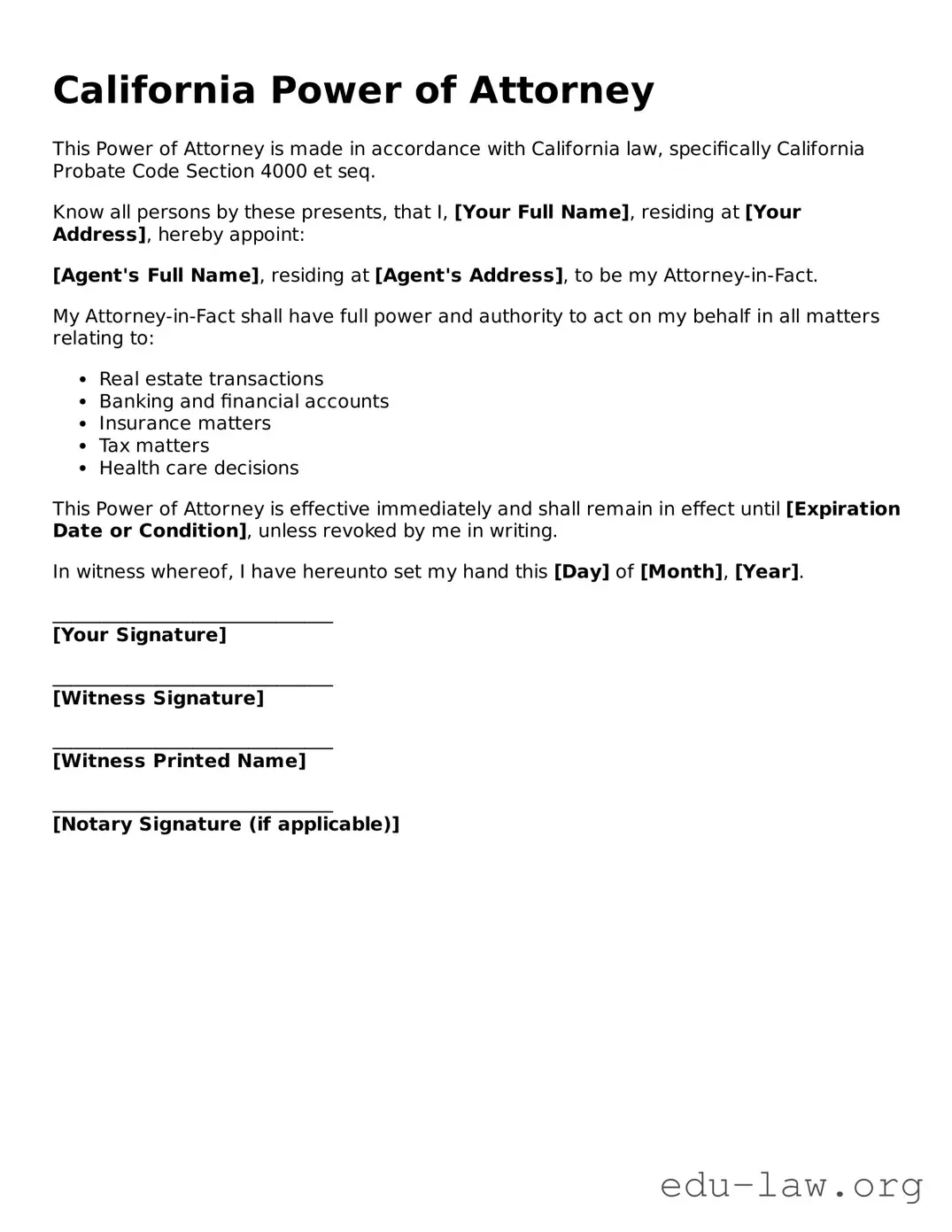 Legal  Power of Attorney Template for California