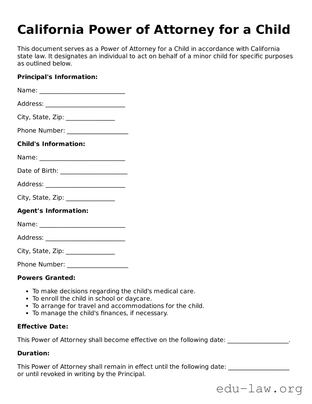 Legal  Power of Attorney for a Child Template for California