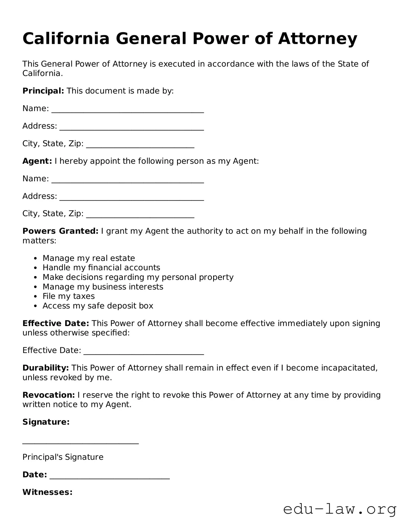 Legal  General Power of Attorney Template for California