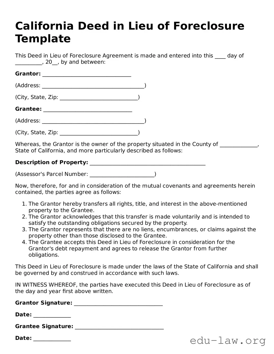 Legal  Deed in Lieu of Foreclosure Template for California