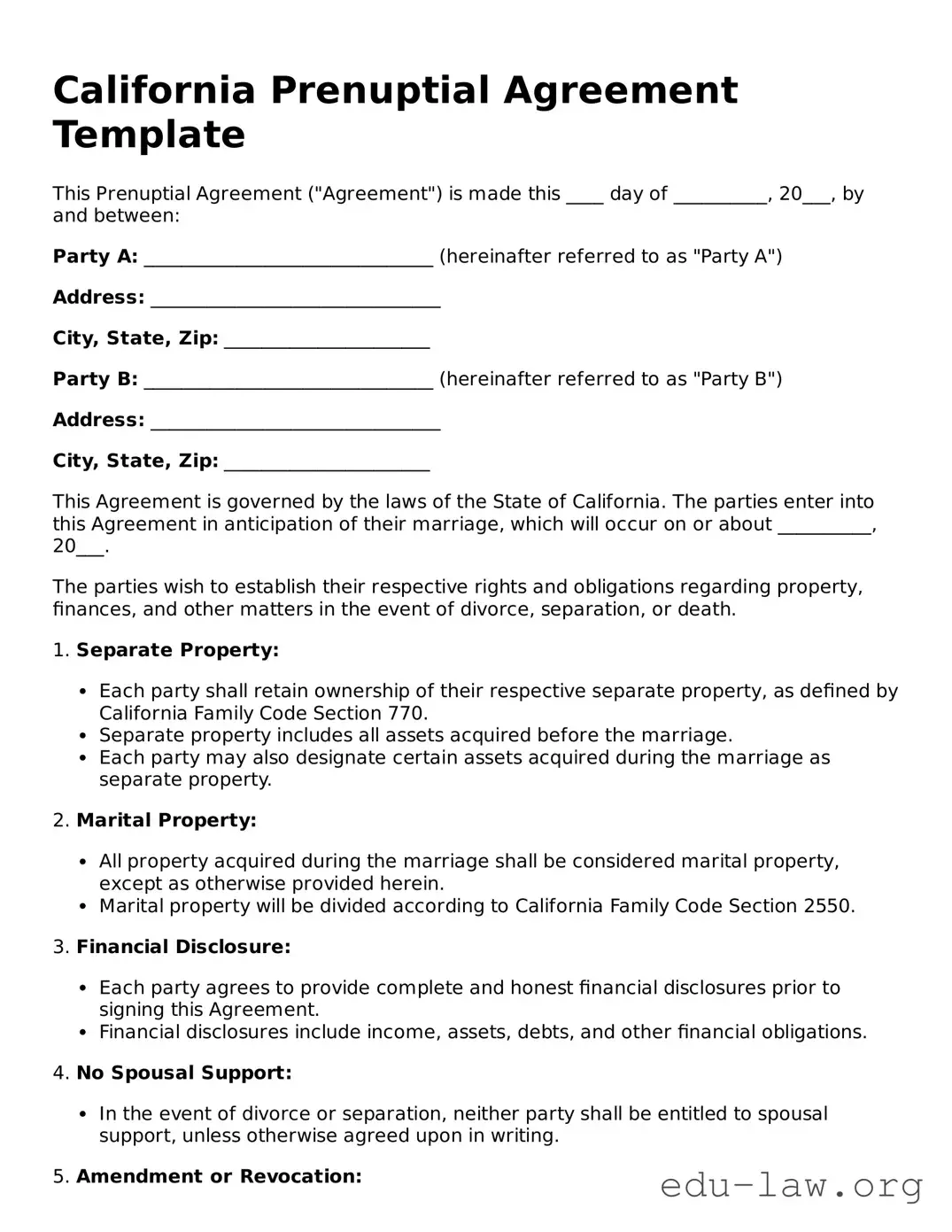 Legal  Prenuptial Agreement Template for California