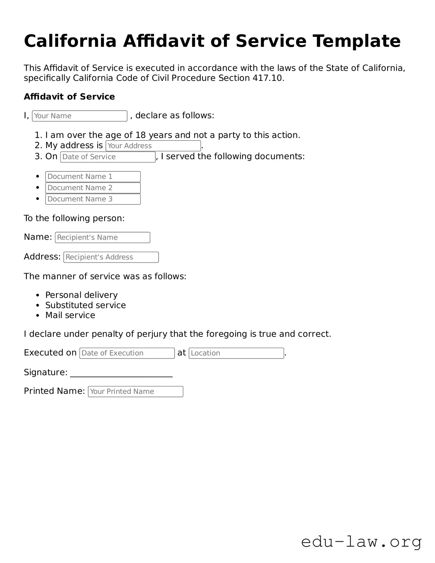 Legal  Affidavit of Service Template for California