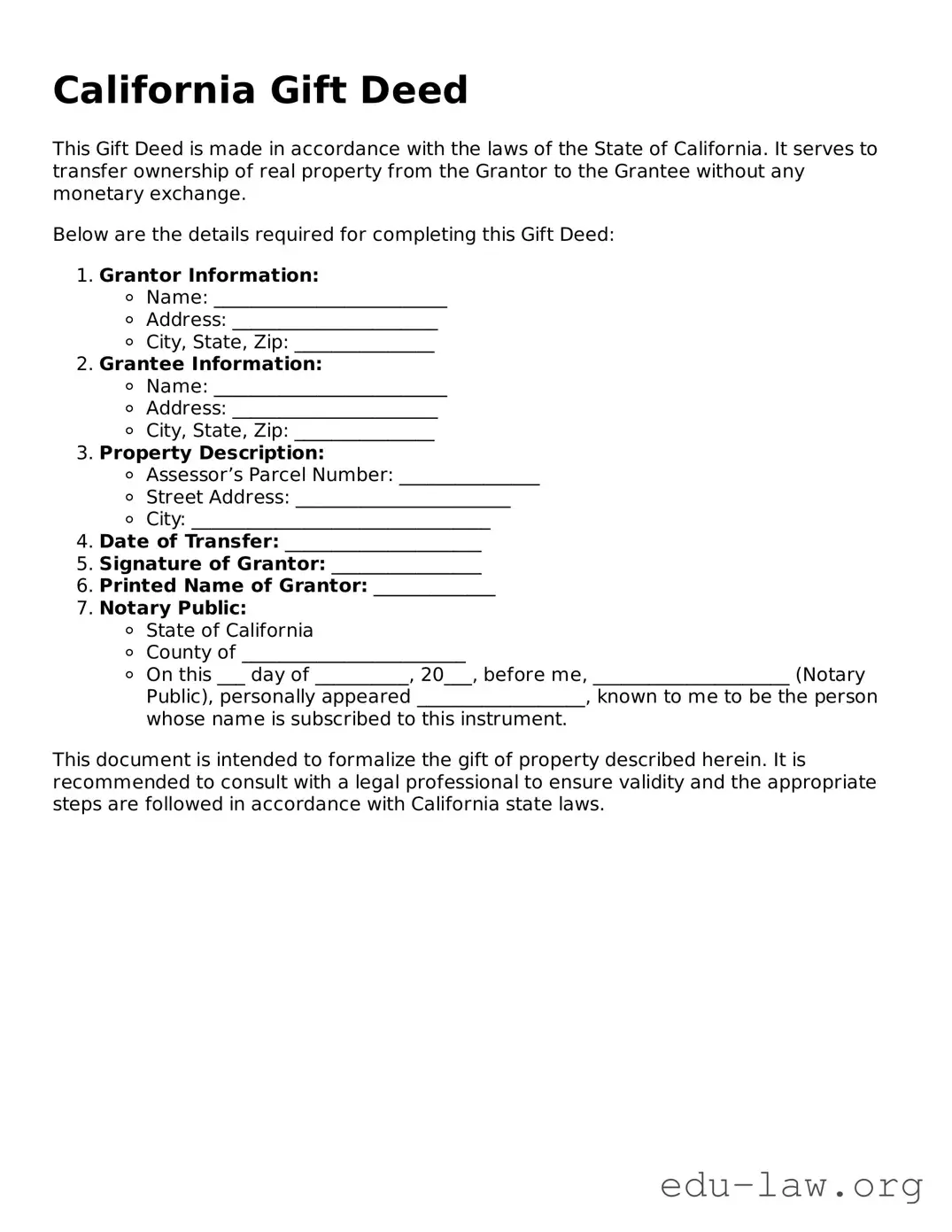Legal  Gift Deed Template for California
