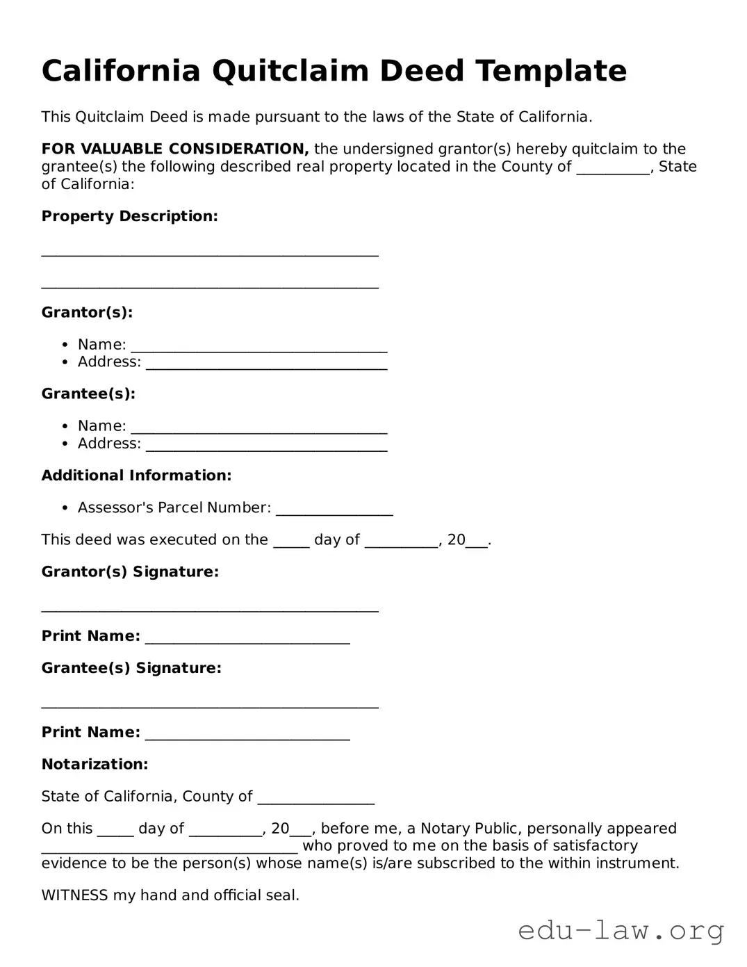 Legal  Quitclaim Deed Template for California