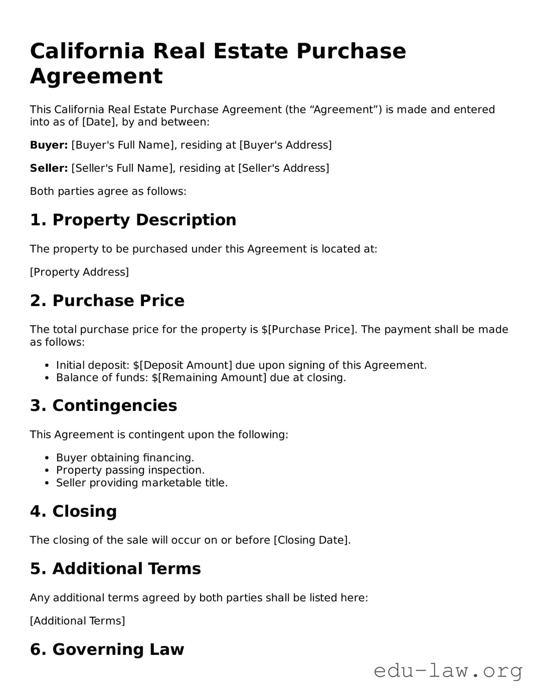Legal  Real Estate Purchase Agreement Template for California