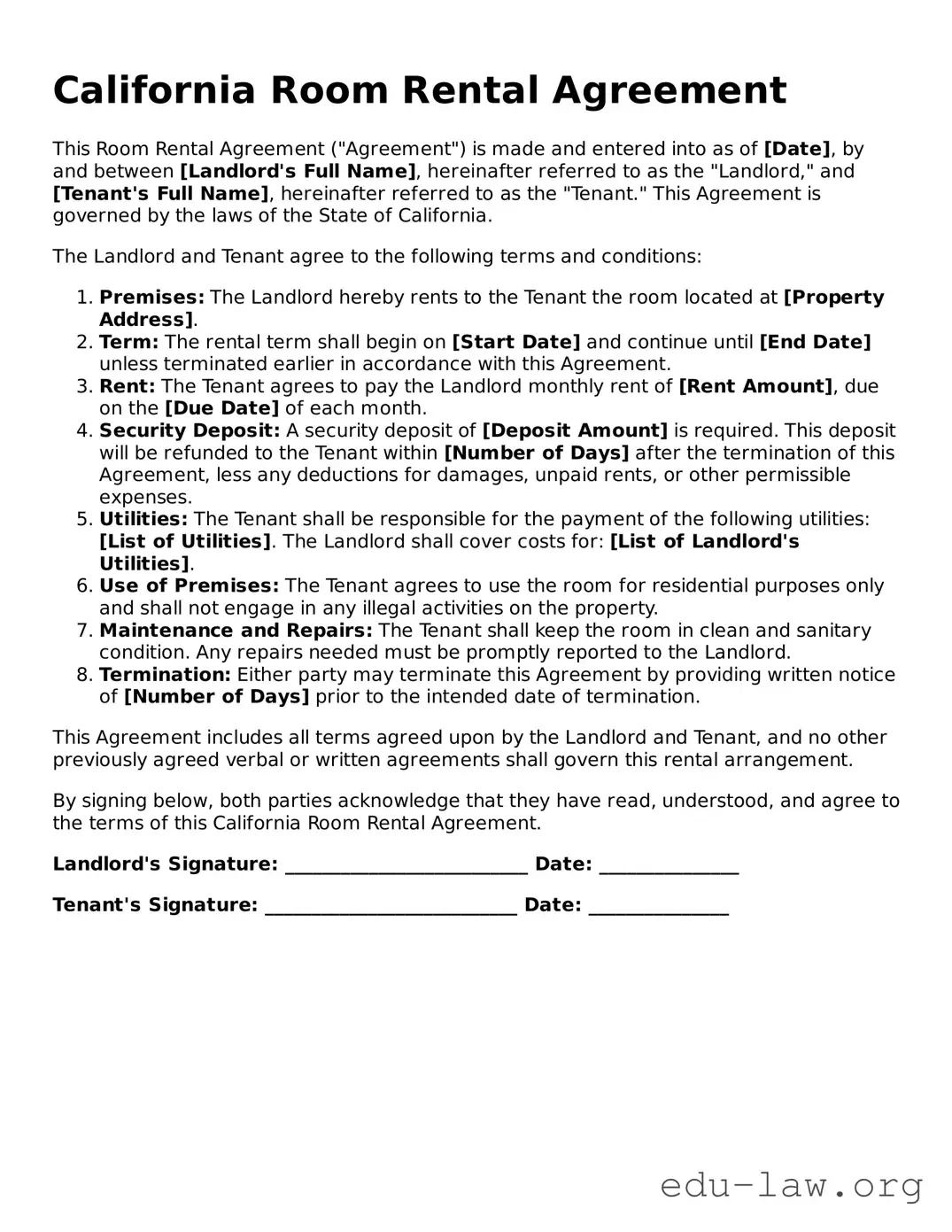 Legal  Room Rental Agreement Template for California