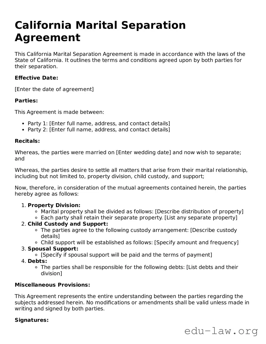 Legal  Marital Separation Agreement Template for California