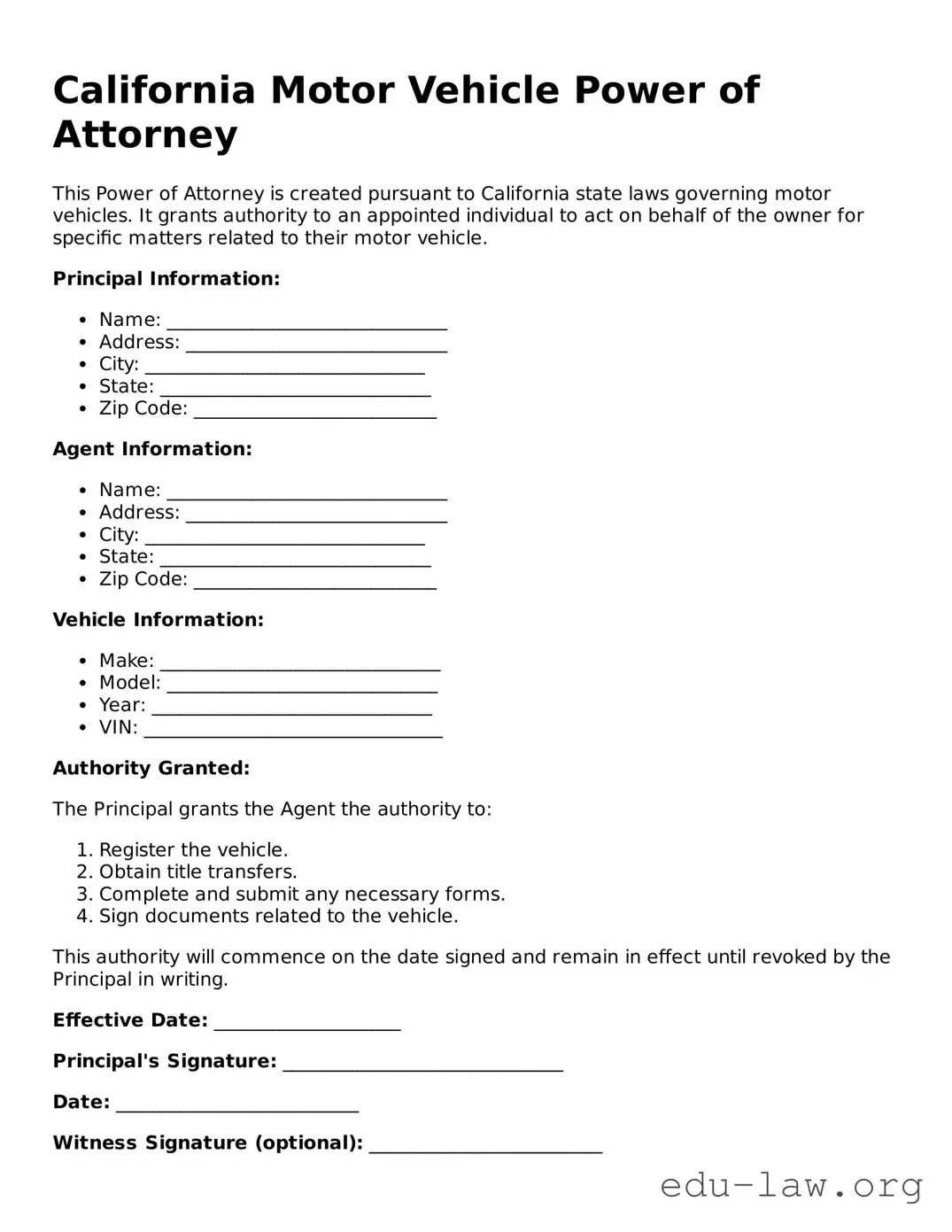 Legal  Motor Vehicle Power of Attorney Template for California