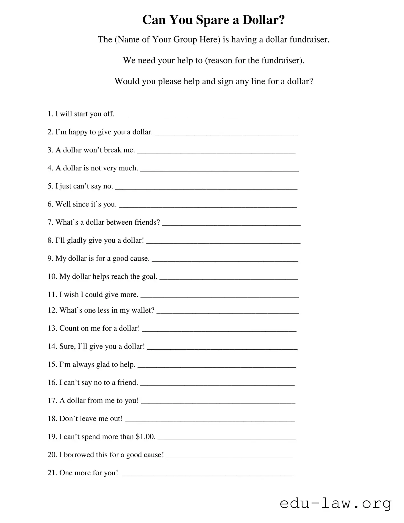 Fill in Your Donated A Dollar Template