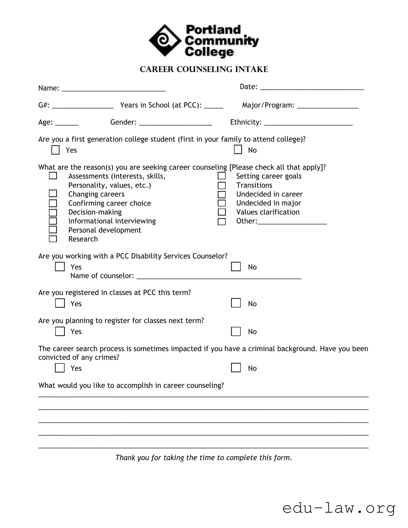 Fill in Your Career Counseling Intake Template
