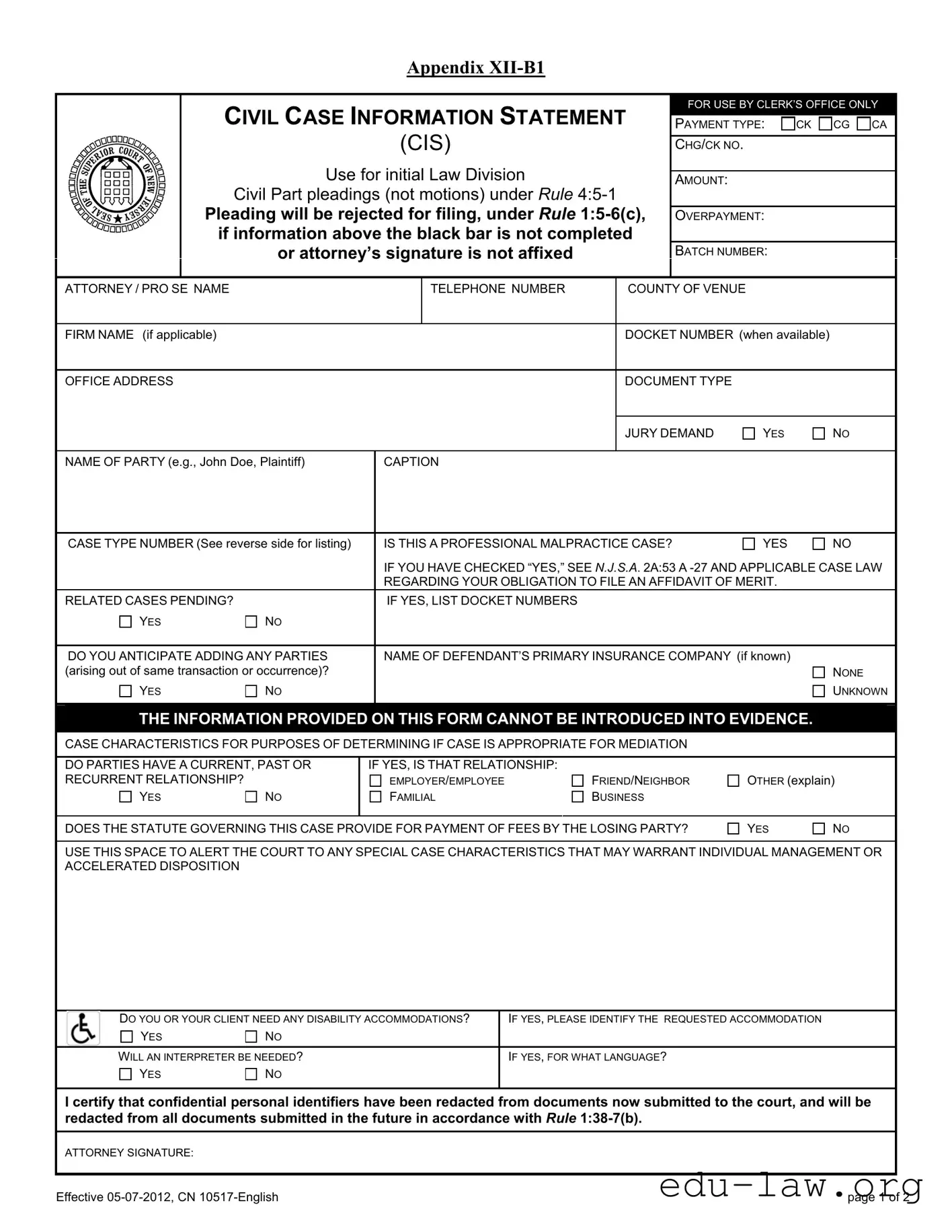 Fill in Your Case Information Statement Template