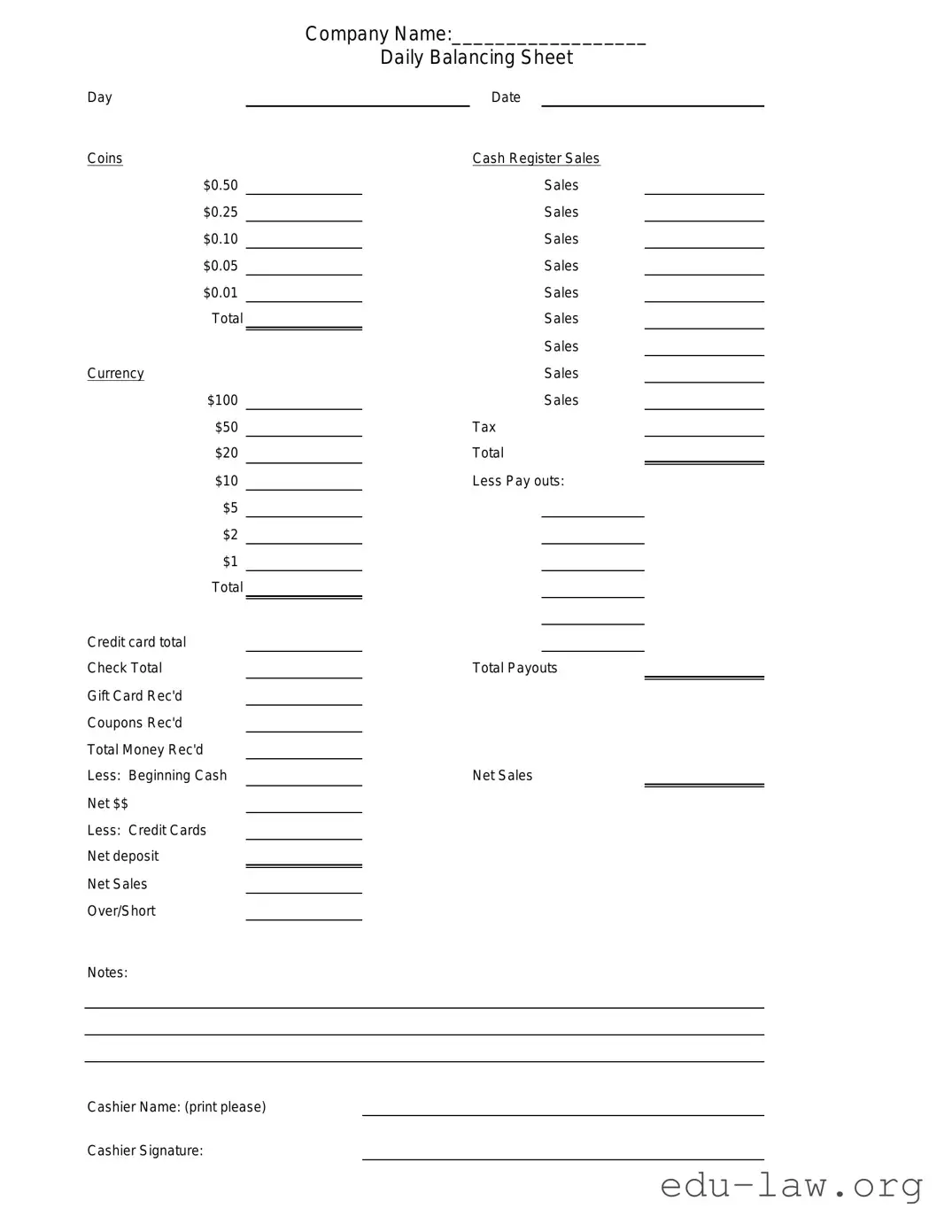 Fill in Your Cash Drawer Count Sheet Template