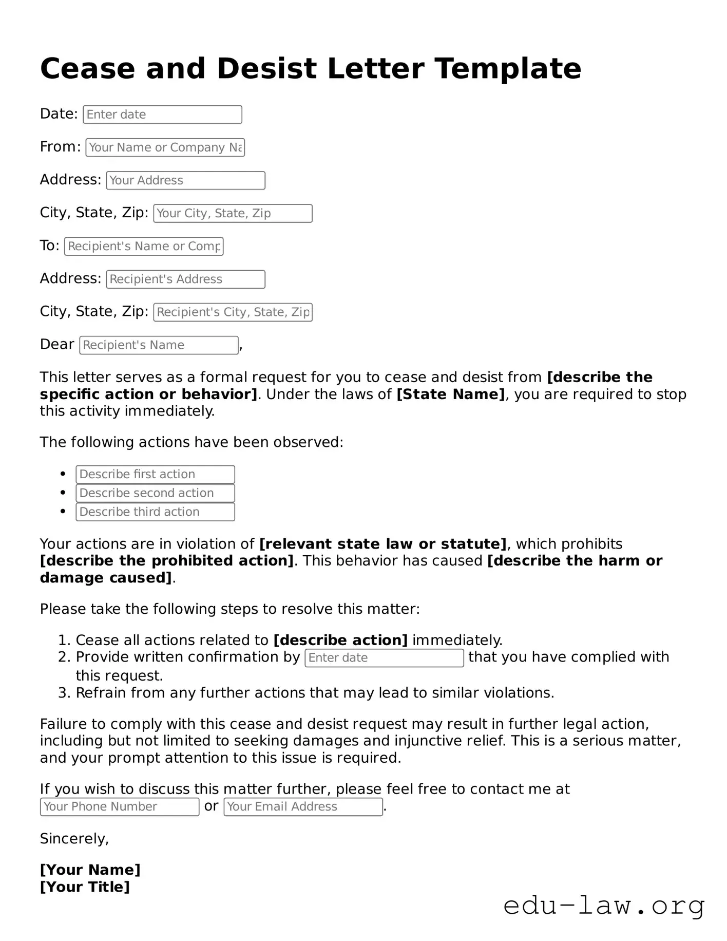 Cease and Desist Letter Template