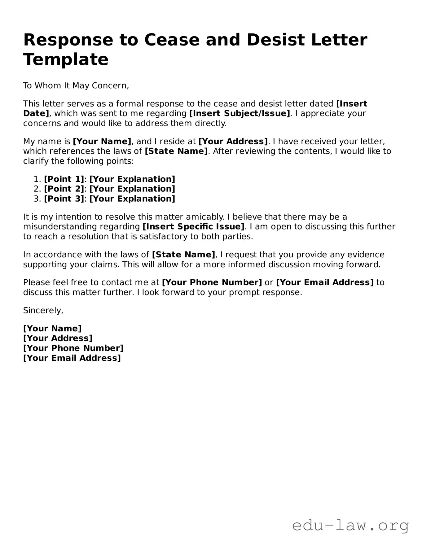 Response to a Cease and Desist Letter Template