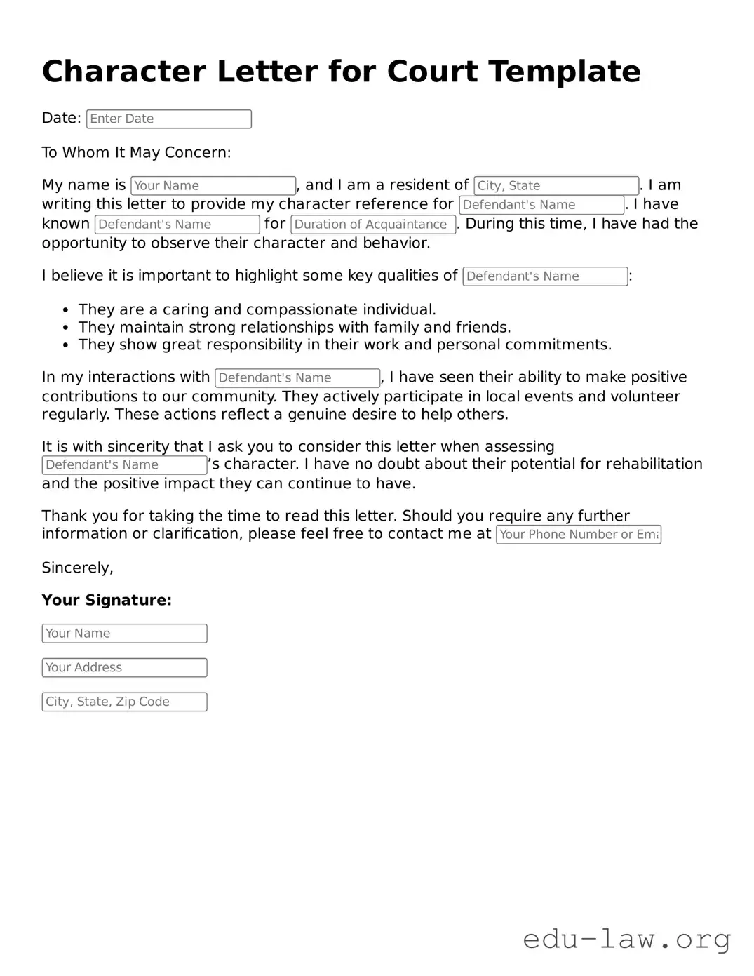 Character Letter for Court Template
