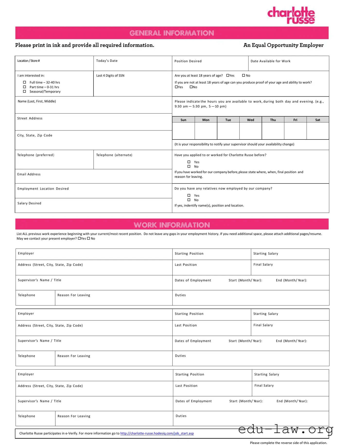 Fill in Your Charlotte Russe Job Application Template