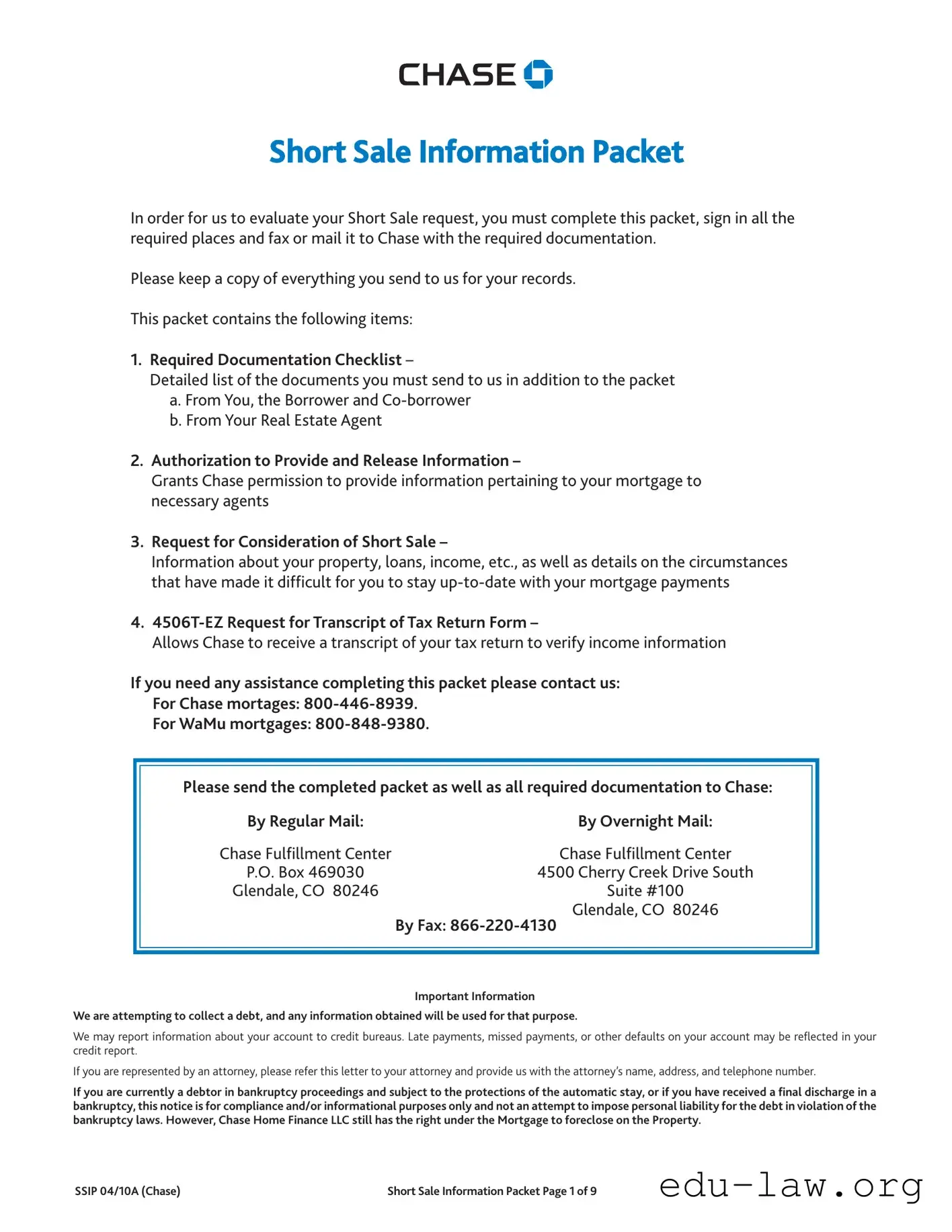 Fill in Your Chase Short Sale Packet Template
