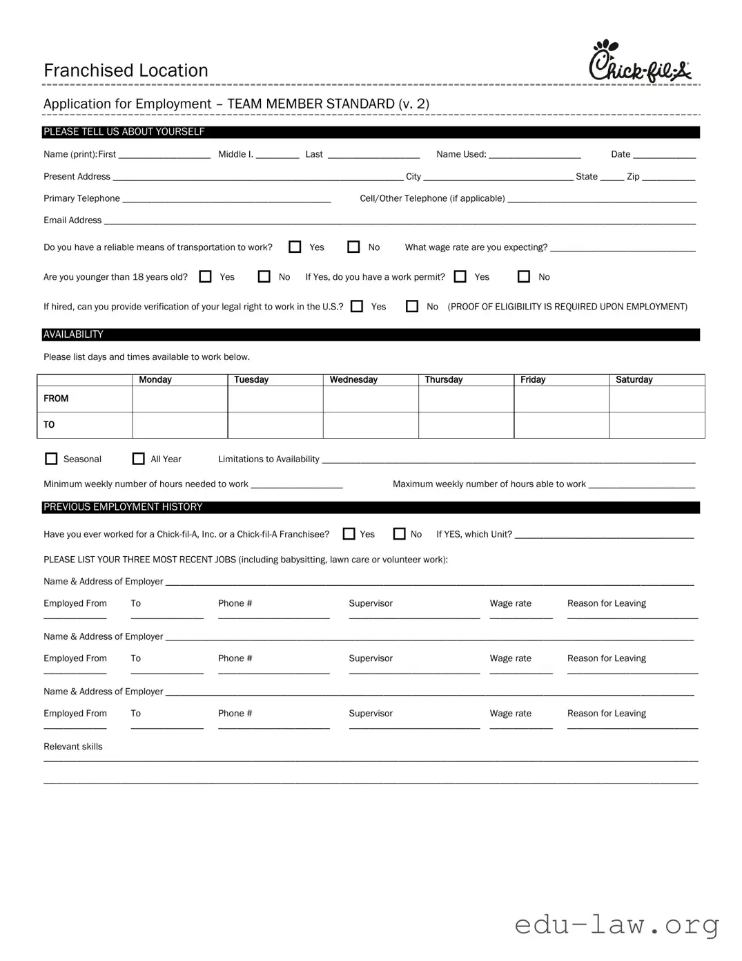 Fill in Your Chick Fil A Job Application Template