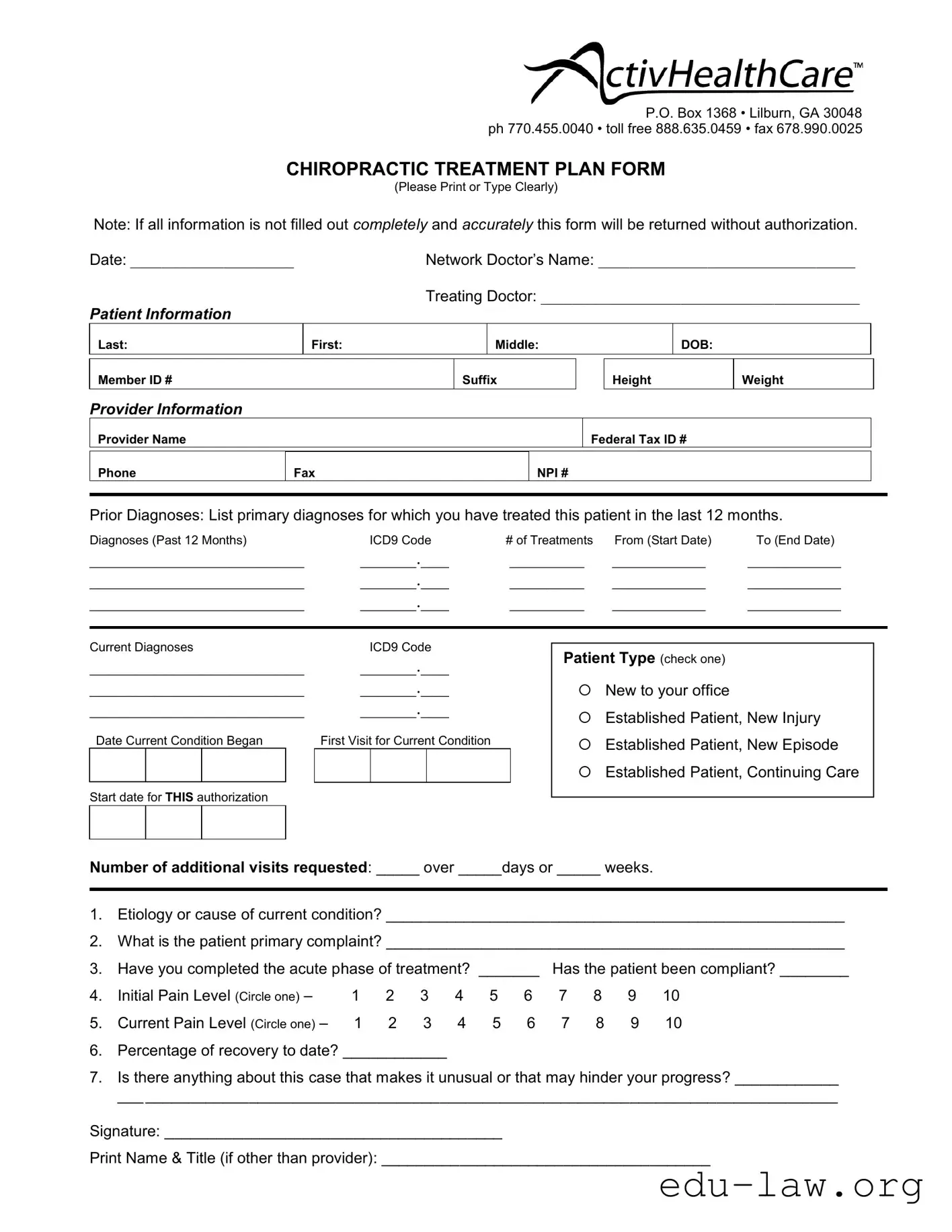 Fill in Your Chiropractic Treatment Plan Template