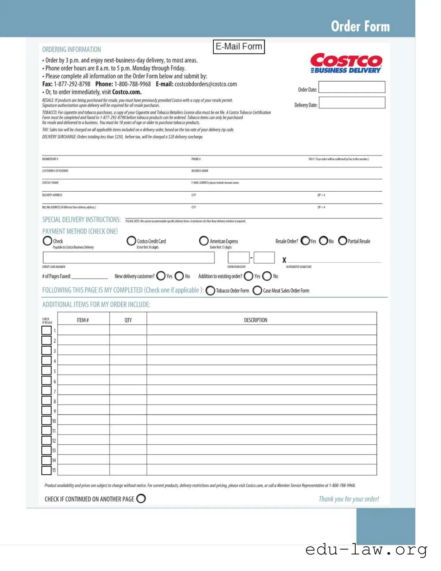 Fill in Your Costco Cigarettes Order Template