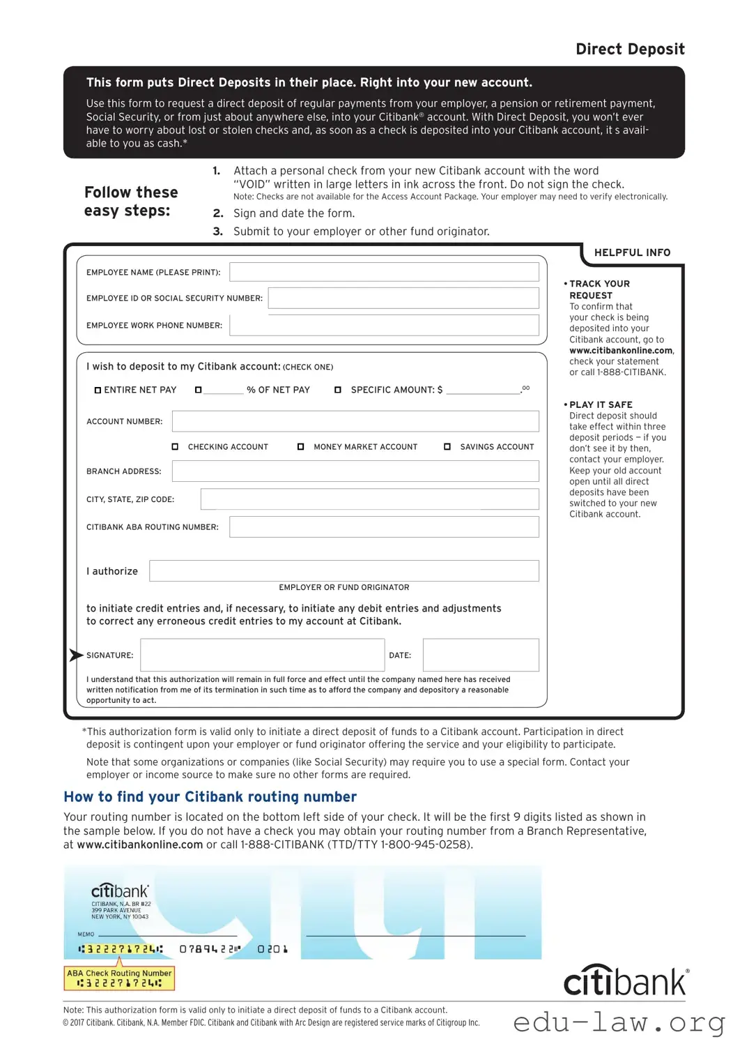 Fill in Your Citibank Direct Deposit Template